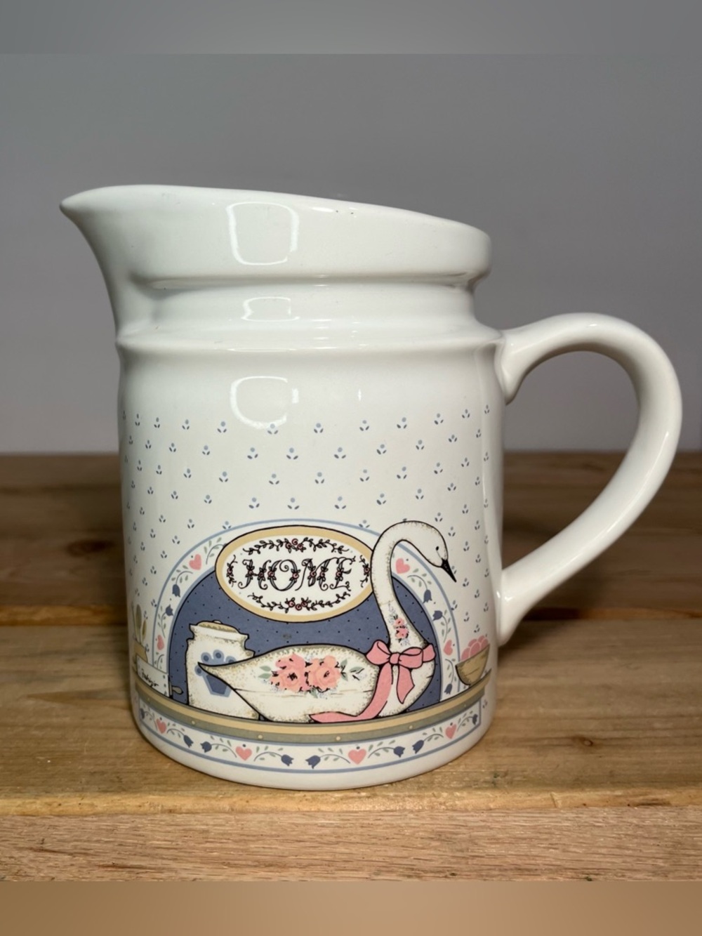 Vintage Cottage Core Ceramic Pitcher Floral “home” Swan Pink Blue 80s Kitchen